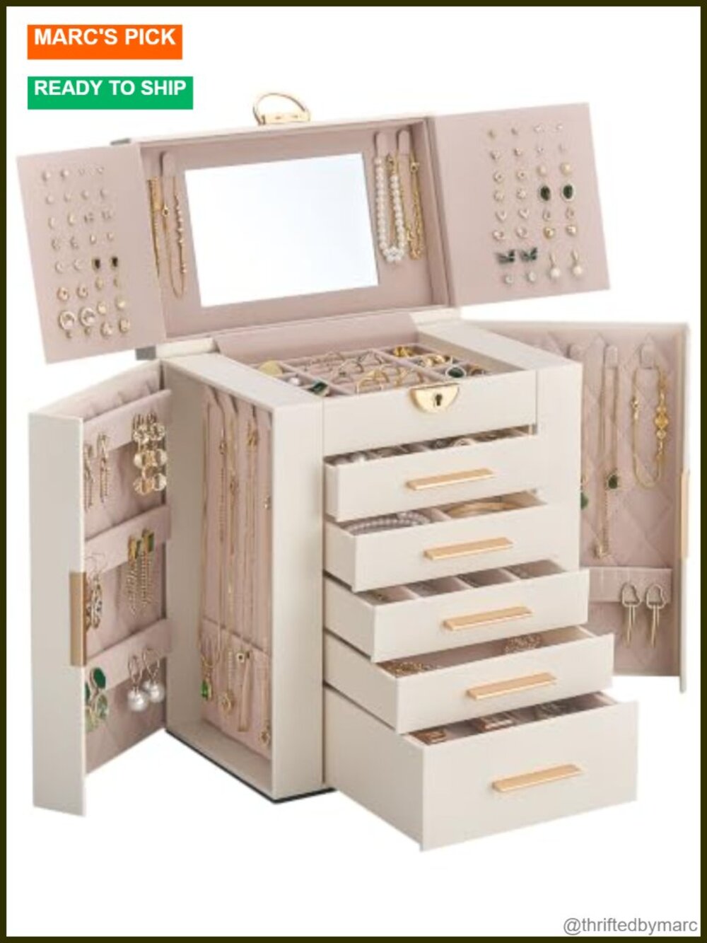 6-Layer Jewelry Box Organizer with 5 Drawers Lock & Mirror